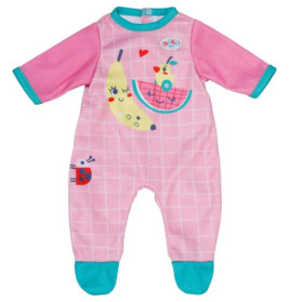 Rosa Strampler mit blauen Bündchen, Fruchtmotiven und Vogelaufdruck auf der Vorderseite.