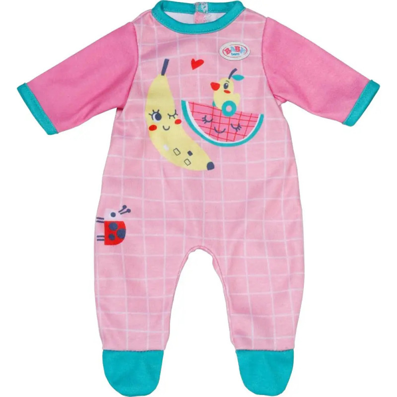 Rosa Strampler mit blauen Bündchen, Fruchtmotiven und Vogelaufdruck auf der Vorderseite. Rosa Strampler mit blauen Bündchen, Fruchtmotiven und Vogelaufdruck auf der Vorderseite.