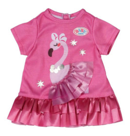 Rosa Baby-Kleid mit Rüschen, Flamingo-Print und Schleife vorne.