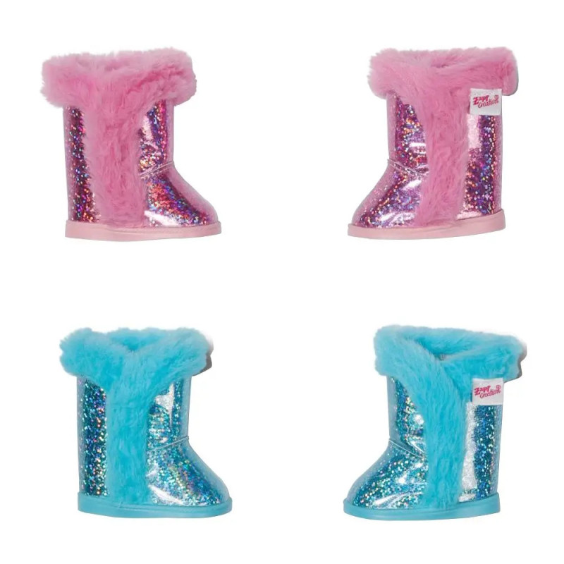 Zwei glitzernde Stiefelpaare, rosa und blau mit Fellbesatz, für Puppen oder kleine Kinder. Zwei glitzernde Stiefelpaare, rosa und blau mit Fellbesatz, für Puppen oder kleine Kinder.