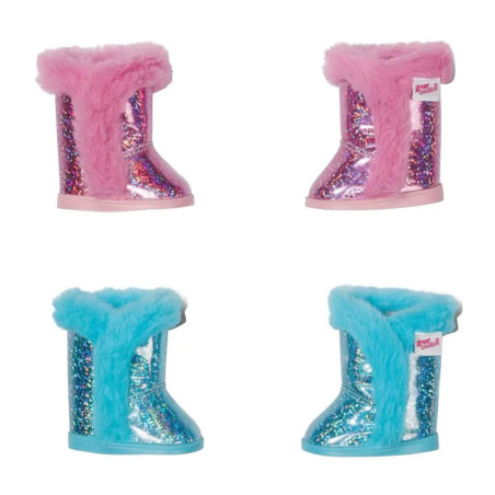 Zwei glitzernde Stiefelpaare, rosa und blau mit Fellbesatz, für Puppen oder kleine Kinder. Zwei glitzernde Stiefelpaare, rosa und blau mit Fellbesatz, für Puppen oder kleine Kinder.