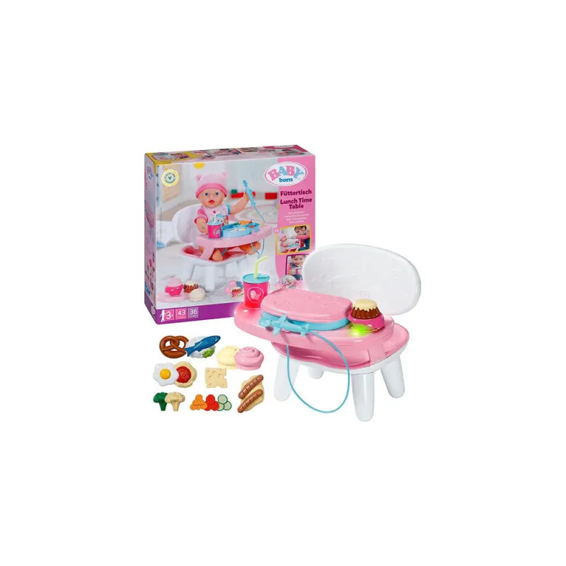 Spielzeug-Hochstuhlset mit Esszubehör und Verpackung, auf der eine Babypuppe im Stuhl sitzt.