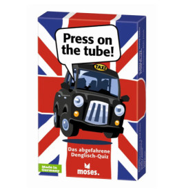 Quizspiel-Box mit Cartoon-Taxi und Aufschrift: Drück auf die Tube! Das abgefahrene Denglisch-Quiz.