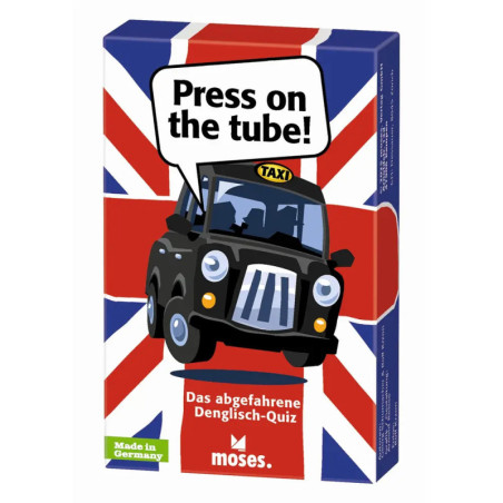 Quizspiel-Box mit Cartoon-Taxi und Aufschrift: Drück auf die Tube! Das abgefahrene Denglisch-Quiz.