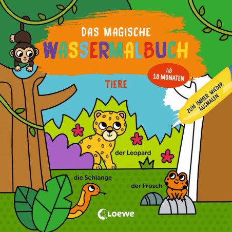 Buntes Kinderbuchcover mit gezeichnetem Leopard, Schlange, Frosch und Affe in einer Dschungelumgebung.