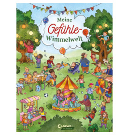 Bunter Park mit spielenden Kindern und Erwachsenen, Luftballons, Karussell, Bäumen und Banner über der Szene.