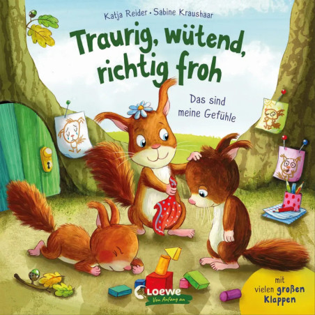 Drei Cartoon-Eichhörnchen zeigen draußen mit Spielzeug die Gefühle traurig, wütend und richtig froh.