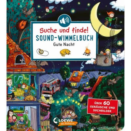 Buntes Buchcover mit Nachtszenen: Kinder in Häusern, Tiere und Menschen auf einem Sichelmond.