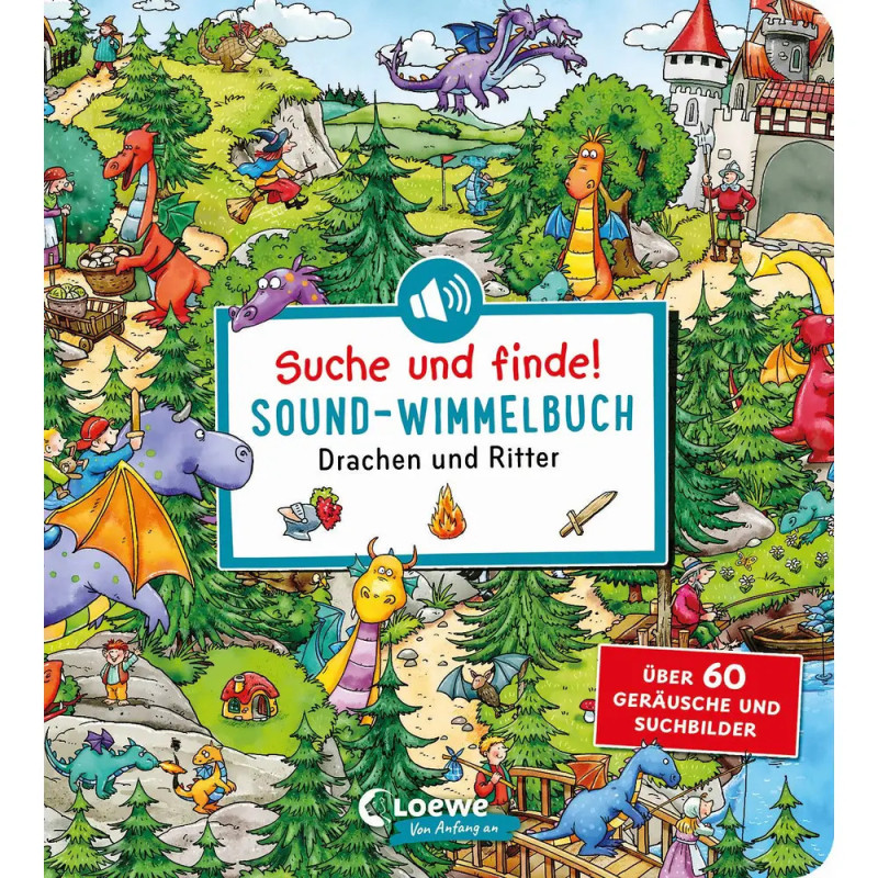 Farbiges Suche und finde!-Buchcover mit Drachen, Rittern und einer Burg in lebendiger Waldszenerie.