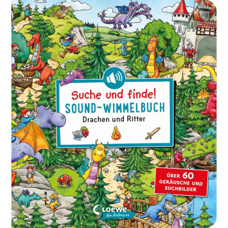 Farbiges Suche und finde!-Buchcover mit Drachen, Rittern und einer Burg in lebendiger Waldszenerie.