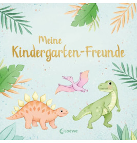 Illustration von drei Dinosauriern und Blättern mit dem Schriftzug Meine Kindergarten-Freunde auf blauem Grund.