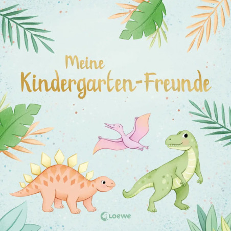 Illustration von drei Dinosauriern und Blättern mit dem Schriftzug Meine Kindergarten-Freunde auf blauem Grund.