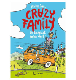Cartoonfamilie fährt im orangefarbenen Van durch die Landschaft, eine Person im Rollstuhl sitzt auf dem Dach.