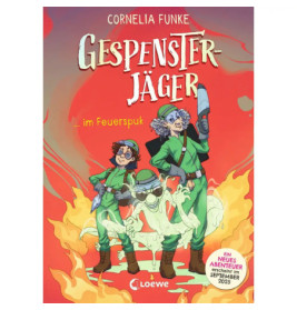 Buchcover: Zwei grüne Cartoon-Geisterjäger, Feuer und Geister, Titel Gespensterjäger ... im Feuerspuk.