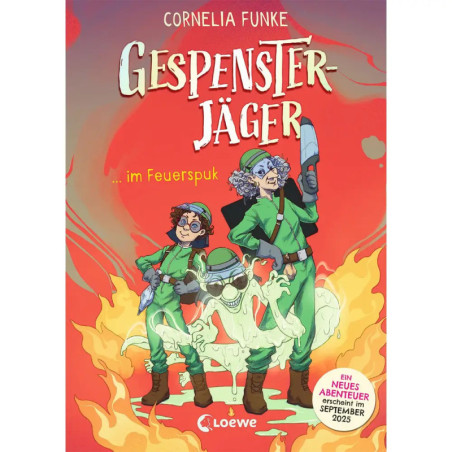 Buchcover: Zwei grüne Cartoon-Geisterjäger, Feuer und Geister, Titel Gespensterjäger ... im Feuerspuk.
