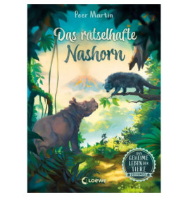 Buchcover: Ein Nashorn und eine Zibetkatze stehen sich im dichten Dschungel vor einem Vulkan gegenüber.