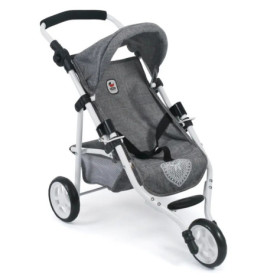 Dreirädriger, grau-weißer Kinderwagen mit Sonnendach und Netzkorb unten.