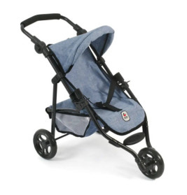 Blauer Puppenwagen mit schwarzem Gestell und drei Rädern, für Kinder zum Schieben von Puppen.