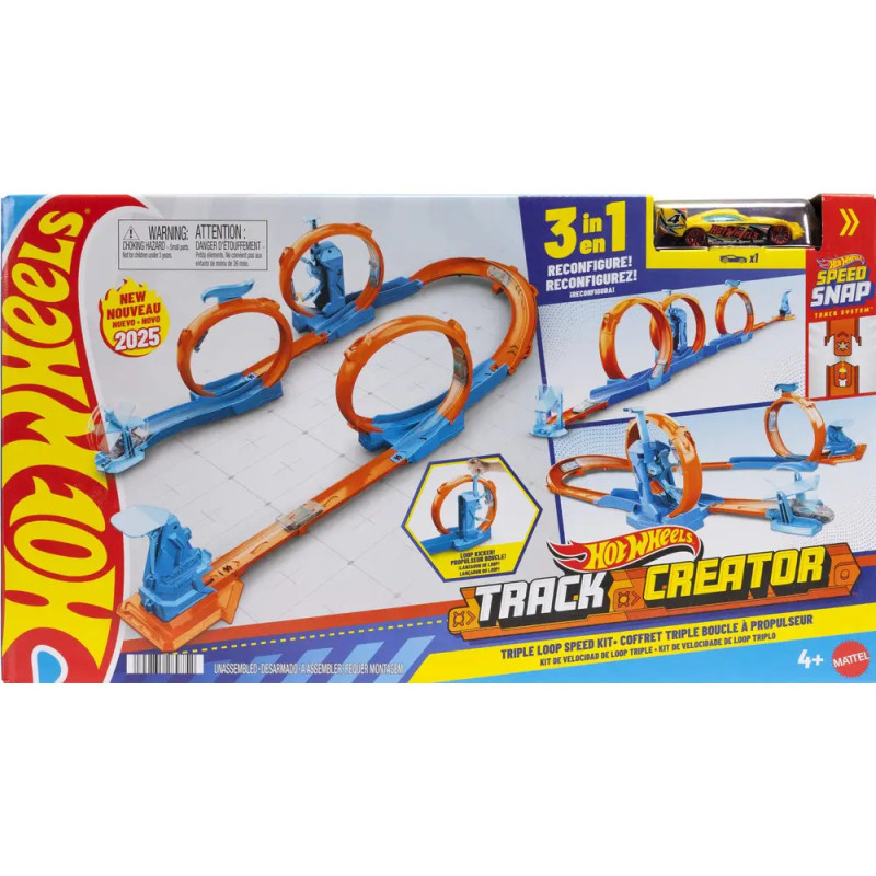 Hot Wheels Track Creator mit drei orangefarbenen Loopings, blauen Sternen und verschiedenen Streckenkombinationen.