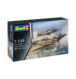 Revell-Modellbausatz mit Spitfire Mk.Ia und Hurricane Mk.I über eine Landschaft.