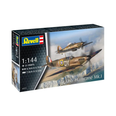 Revell-Modellbausatz mit Spitfire Mk.Ia und Hurricane Mk.I über eine Landschaft.