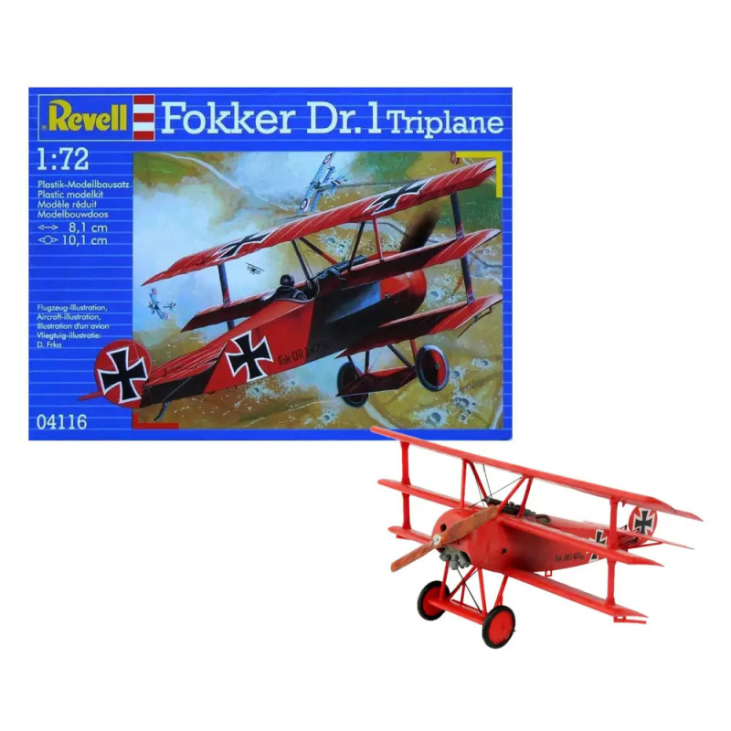 Revell Fokker Dr.I Triplane Bausatz und fertiges rotes Modellflugzeug, Maßstab 1:72.