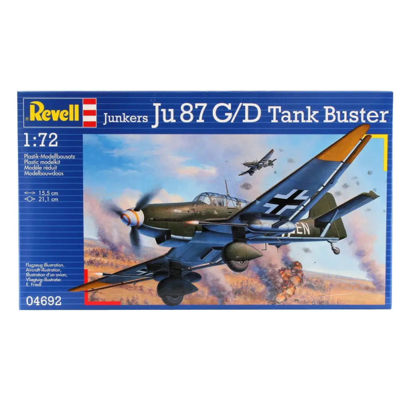 Revell-Bausatz mit Junkers Ju 87 G/D im Flug, Explosionen am Boden. Revell-Bausatz mit Junkers Ju 87 G/D im Flug, Explosionen am Boden.