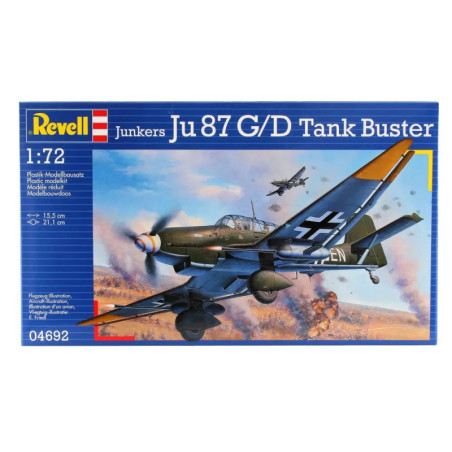 Revell-Bausatz mit Junkers Ju 87 G/D im Flug, Explosionen am Boden. Revell-Bausatz mit Junkers Ju 87 G/D im Flug, Explosionen am Boden.