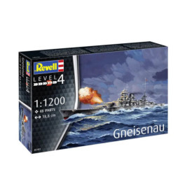 Revell Level 4 Gneisenau Modellbausatz, zeigt ein Schlachtschiff auf See mit Explosionen im Hintergrund.