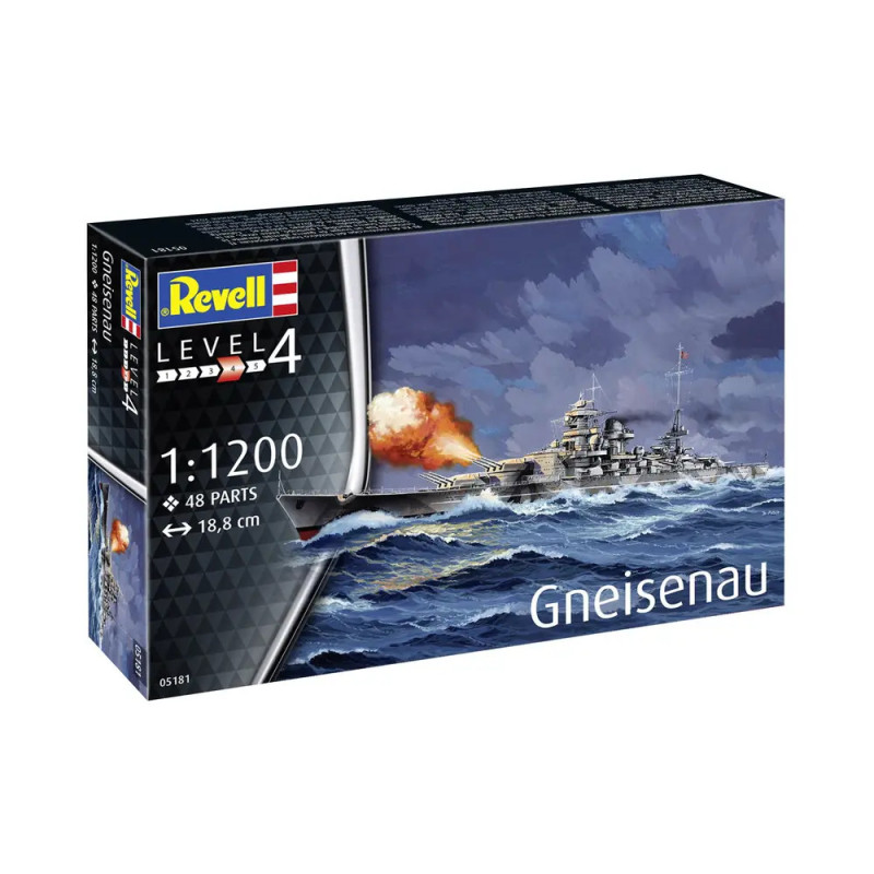 Revell Level 4 Gneisenau Modellbausatz, zeigt ein Schlachtschiff auf See mit Explosionen im Hintergrund. Revell Level 4 Gneisenau Modellbausatz, zeigt ein Schlachtschiff auf See mit Explosionen im Hintergrund.