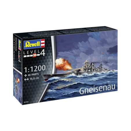 Revell Level 4 Gneisenau Modellbausatz, zeigt ein Schlachtschiff auf See mit Explosionen im Hintergrund. Revell Level 4 Gneisenau Modellbausatz, zeigt ein Schlachtschiff auf See mit Explosionen im Hintergrund.