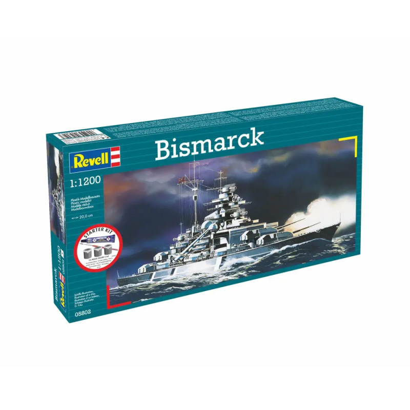 Revell Bismarck 1:1200 Modellbausatz mit Abbildung eines Schlachtschiffs auf See. Revell Bismarck 1:1200 Modellbausatz mit Abbildung eines Schlachtschiffs auf See.