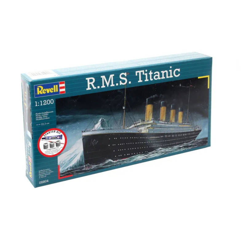 Revell Modellbausatz R.M.S. Titanic 1:1200 mit Abbildung des Schiffs auf See.