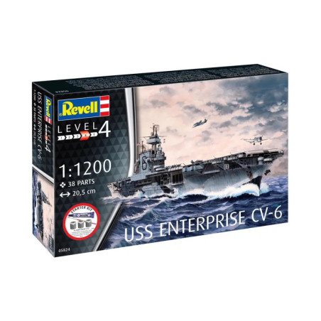 Revell Bausatz USS Enterprise CV-6, Maßstab 1:1200, 38 Teile, Schwierigkeitsgrad 4, Länge 20,5 cm. Revell Bausatz USS Enterprise CV-6, Maßstab 1:1200, 38 Teile, Schwierigkeitsgrad 4, Länge 20,5 cm.