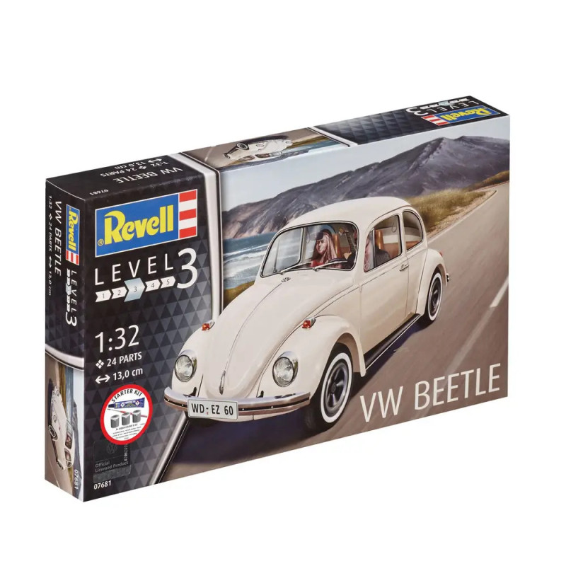 Revell Level 3 VW Käfer Modellbausatz mit weißem Käfer auf einer Küstenstraße. Revell Level 3 VW Käfer Modellbausatz mit weißem Käfer auf einer Küstenstraße.