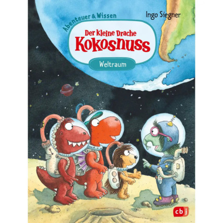 Drei Tierfiguren im Raumanzug stehen auf dem Mond, während Erde und Sterne im Hintergrund zu sehen sind.