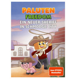 Cartoon-Sheriff mit Lasso und Schwein in Westernstadt deutsches Paluten Freedom-Buchcover.
