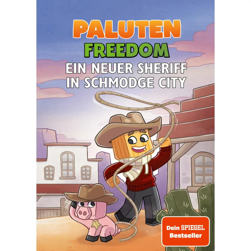 Cartoon-Sheriff mit Lasso und Schwein in Westernstadt deutsches Paluten Freedom-Buchcover. Cartoon-Sheriff mit Lasso und Schwein in Westernstadt deutsches Paluten Freedom-Buchcover.