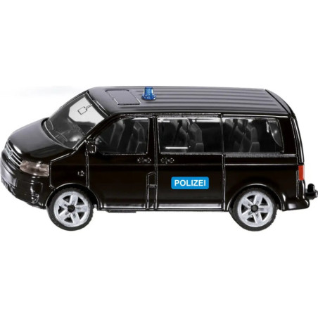 Schwarzes Polizeispielzeugauto mit blauem POLIZEI-Schriftzug und Blaulicht auf dem Dach.