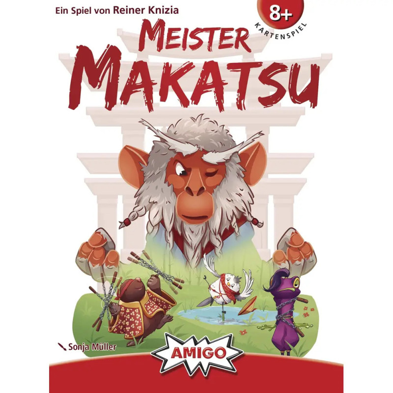 Cover des Kartenspiels Meister Makatsu mit großer meditierender Ziege über drei Tierkriegern.