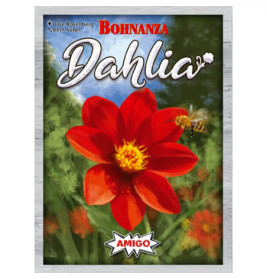 Rote Dahlienblüte mit Biene und dem Schriftzug Bohnanza Dahlia auf grünem Hintergrund.