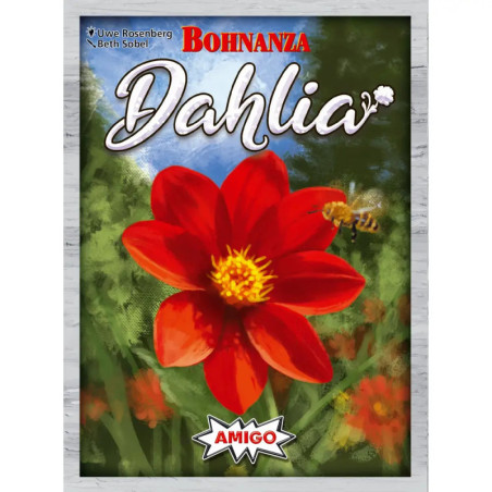 Rote Dahlienblüte mit Biene und dem Schriftzug Bohnanza Dahlia auf grünem Hintergrund.