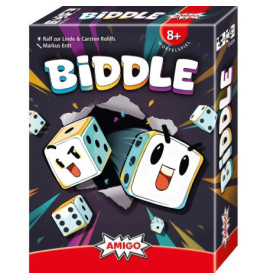 Zwei animierte Würfel mit Gesichtern durchbrechen eine bunte Biddle-Spieleschachtel ab 8 Jahren.