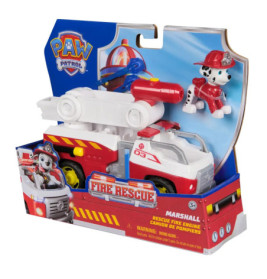 Marshall Paw Patrol Feuerwehrauto-Spielzeug mit Marshall-Figur im Feuerwehrhelm in der Verpackung.