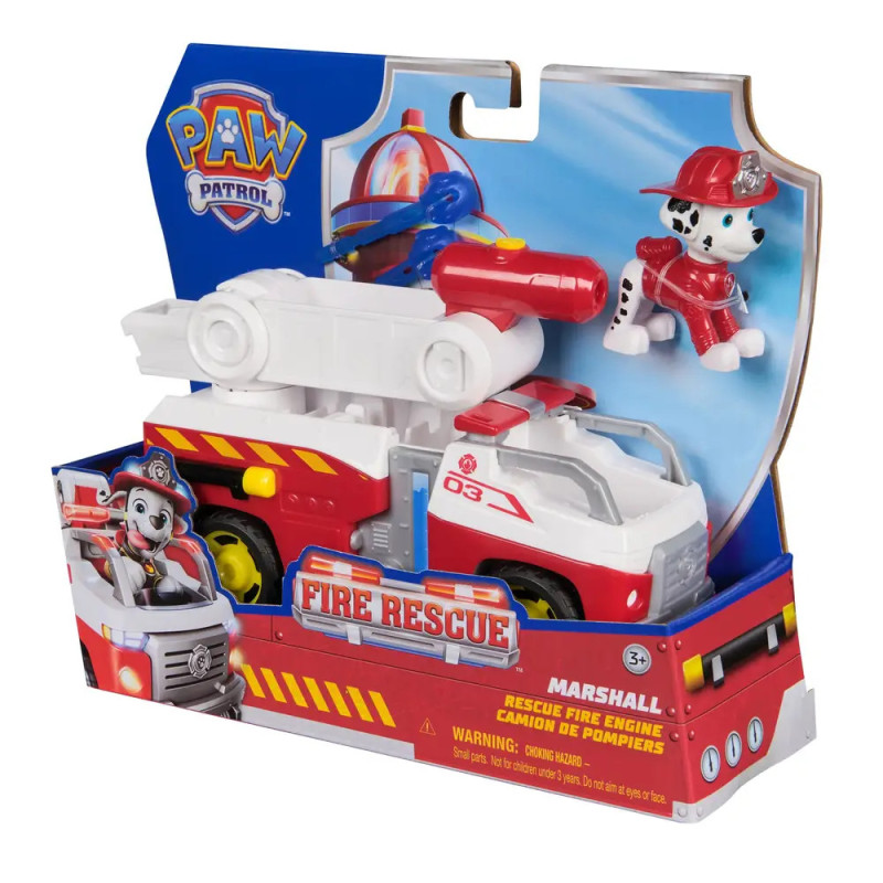 Marshall Paw Patrol Feuerwehrauto-Spielzeug mit Marshall-Figur im Feuerwehrhelm in der Verpackung.