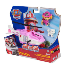 PAW Patrol Skye Feuerwehr-Hubschrauber-Spielset mit Skye-Figur und weißer Katze in bunter Verpackung.
