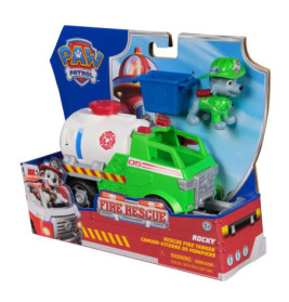 Paw Patrol Rocky Fire Rescue Truck mit Rocky-Figur in grüner Ausrüstung, bunt verpackt.