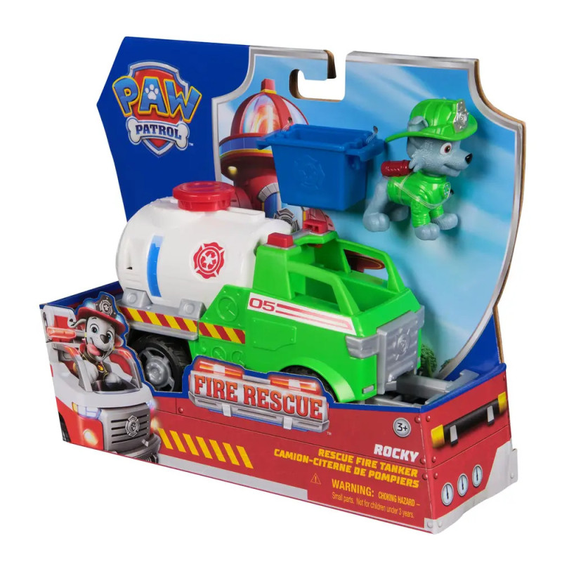 Paw Patrol Rocky Fire Rescue Truck mit Rocky-Figur in grüner Ausrüstung, bunt verpackt. Paw Patrol Rocky Fire Rescue Truck mit Rocky-Figur in grüner Ausrüstung, bunt verpackt.