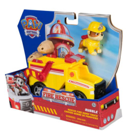 PAW Patrol Rubble Feuerwehrauto-Spielzeug mit Rubble-Figur im Feuerwehrhelm, originalverpackt.