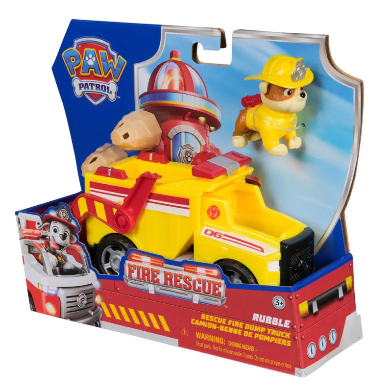 PAW Patrol Rubble Feuerwehrauto-Spielzeug mit Rubble-Figur im Feuerwehrhelm, originalverpackt.